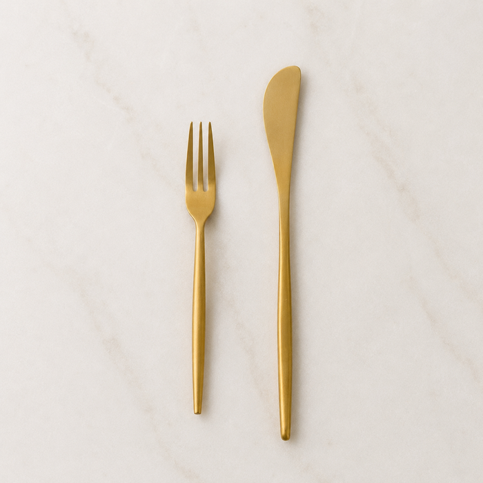 matte gold charcuterie serving fork and spreader knife