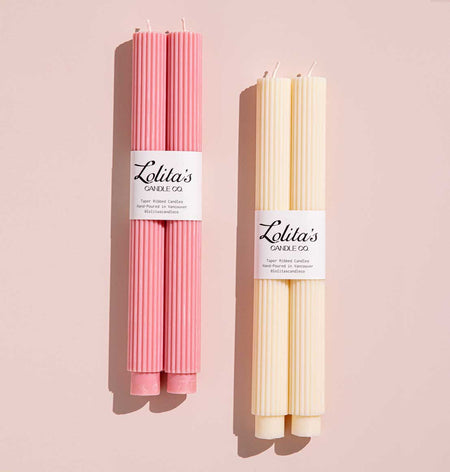 Ribbed taper candles in cream and mauve, soy wax