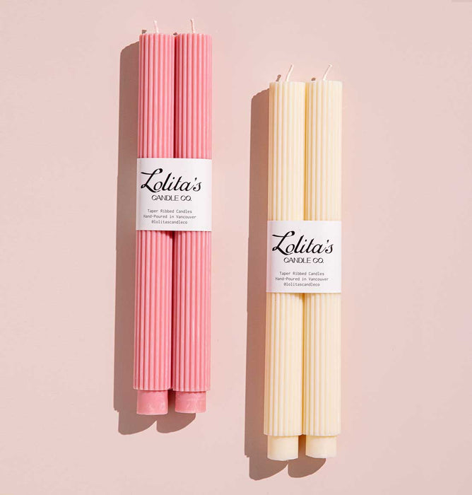 Ribbed taper candles in cream and mauve, soy wax