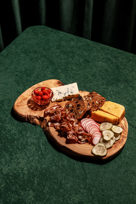 Olive Wood Serving Board with charcuterie pairings