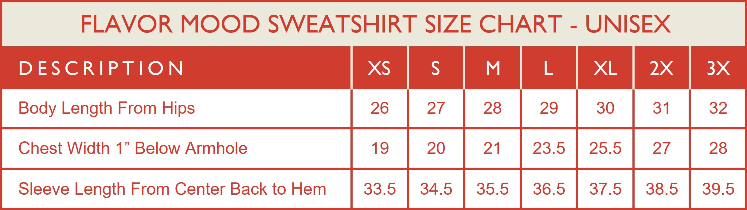 Unisex Size Chart for Flavor Mood Sweatshirts