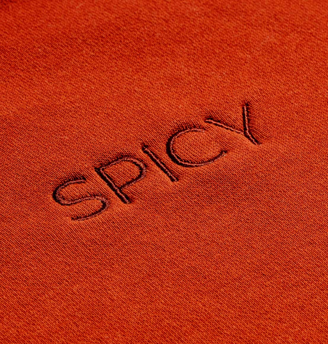 Close up of embroidery detail on spicy sweatshirt